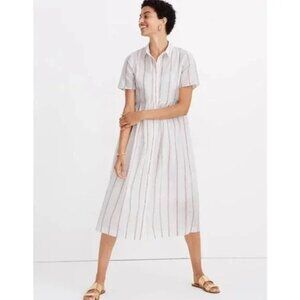 Madewell White Vertical Striped Clip Dot Short Sleeve Midi Shirtdress AL299 XXS